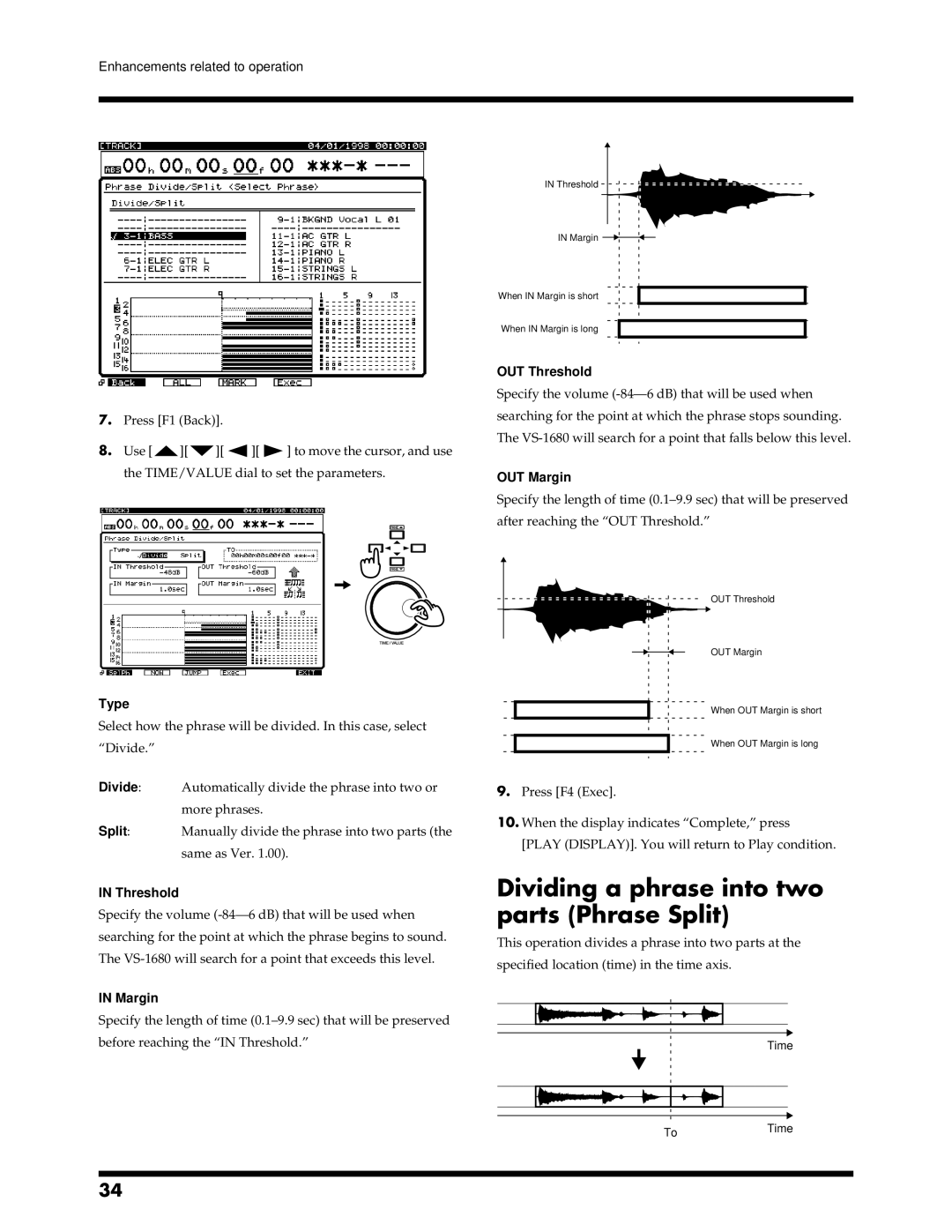 Roland VS-1680 owner manual Dividing a phrase into two parts Phrase Split, Type, OUT Threshold, OUT Margin 