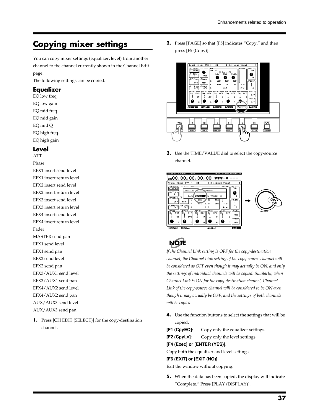 Roland VS-1680 owner manual Copying mixer settings, F4 Exec or Enter YES, F6 Exit or Exit no 