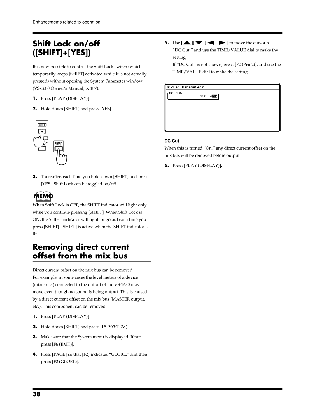 Roland VS-1680 owner manual Shift Lock on/off SHIFT+YES, Removing direct current offset from the mix bus, DC Cut 