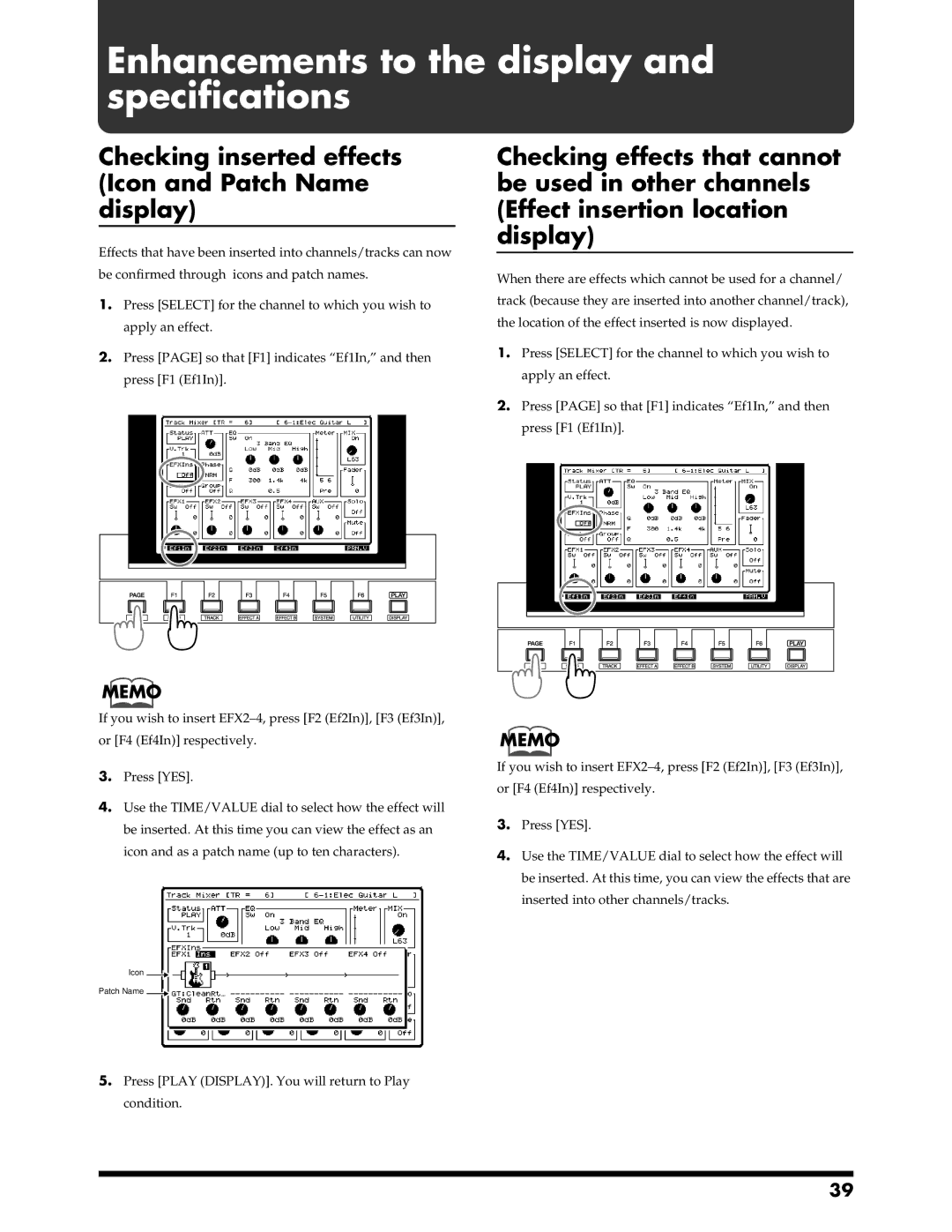 Roland VS-1680 Enhancements to the display and specifications, Checking inserted effects Icon and Patch Name display 