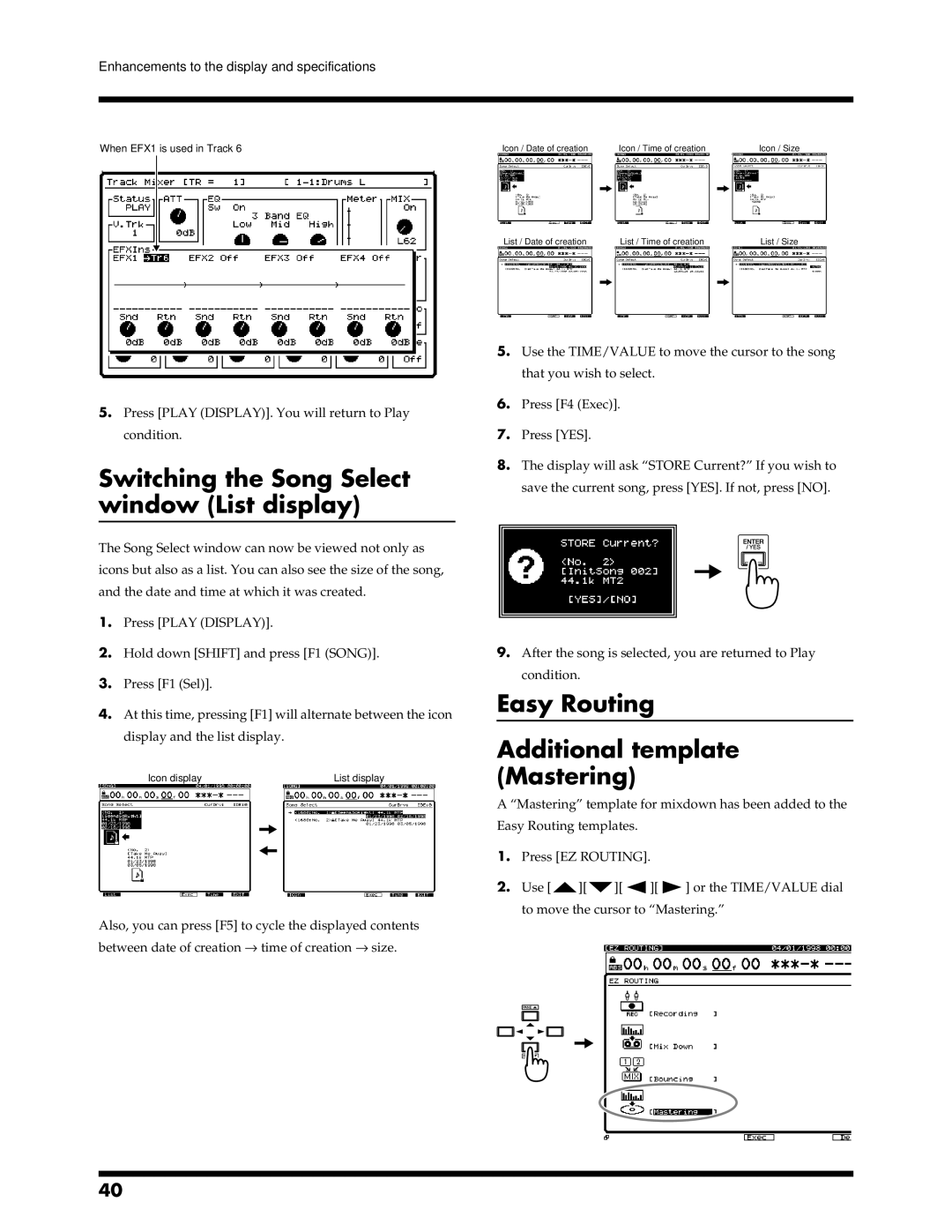 Roland VS-1680 owner manual Switching the Song Select window List display, Easy Routing Additional template Mastering 