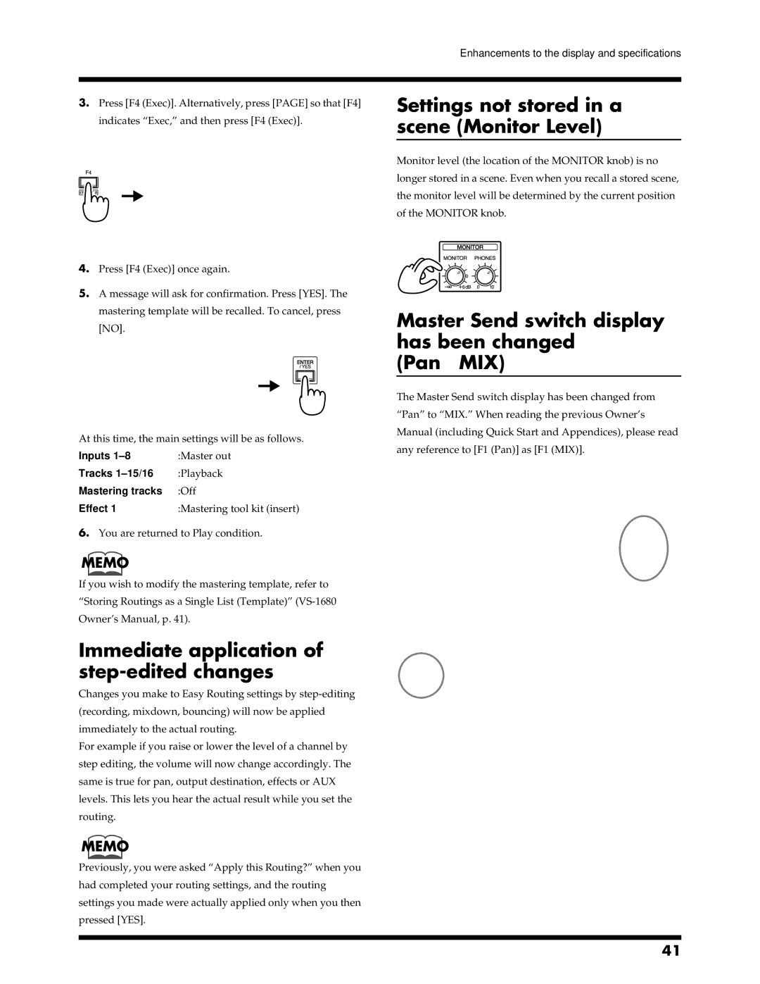 Roland VS-1680 owner manual Immediate application of step-edited changes, Settings not stored in a scene Monitor Level 