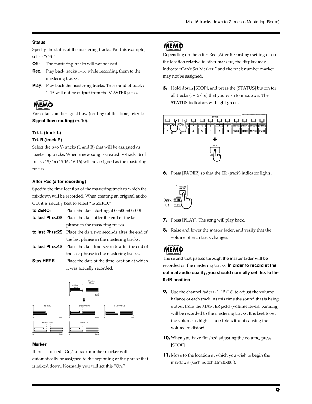 Roland VS-1680 owner manual Status, Trk L track L Trk R track R, After Rec after recording, Marker 