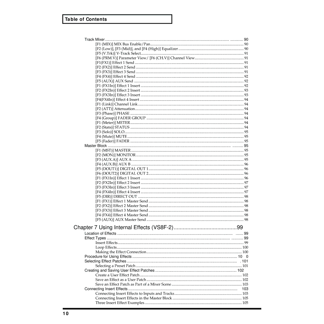 Roland VS-1824 owner manual Track Mixer, Master Block, Location of Effects Effect Types, Procedure for Using Effects 