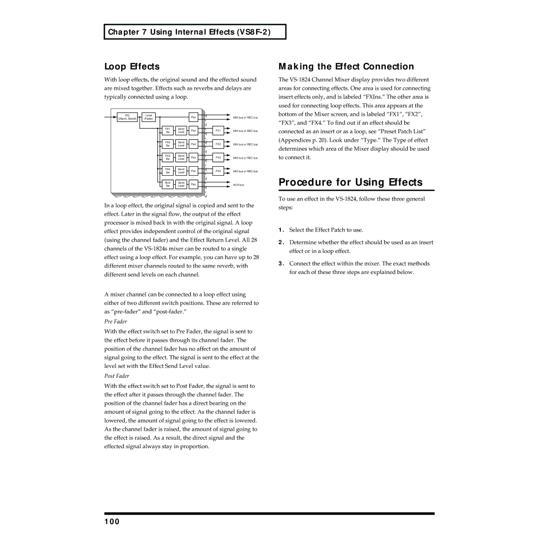 Roland VS-1824 Procedure for Using Effects, Loop Effects, Making the Effect Connection, Using Internal Effects VS8F-2, 100 