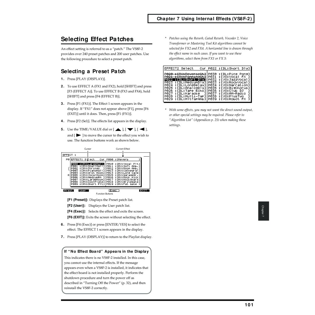 Roland VS-1824 Selecting Effect Patches, Selecting a Preset Patch, 101, If No Effect Board Appears in the Display 