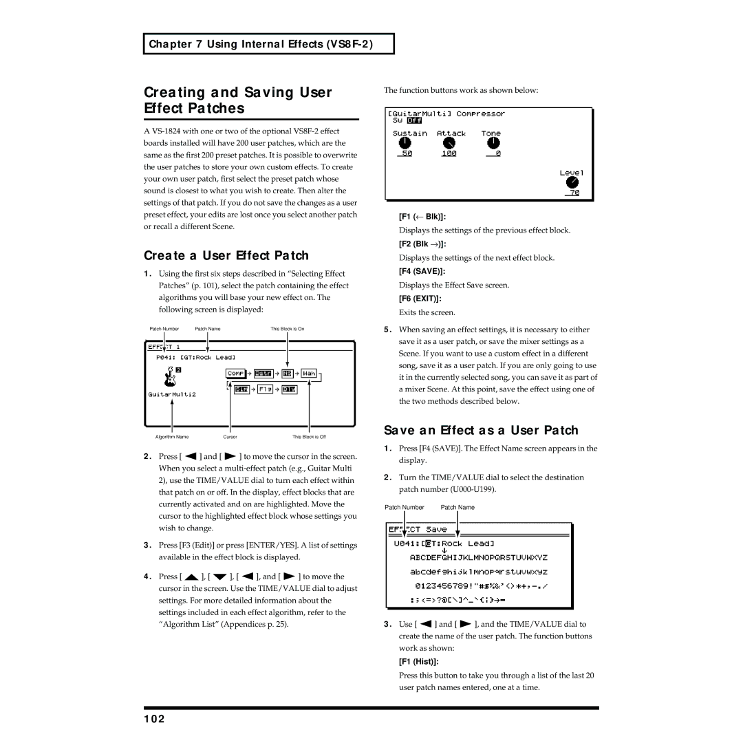 Roland VS-1824 Creating and Saving User, Effect Patches, Create a User Effect Patch, Save an Effect as a User Patch, 102 