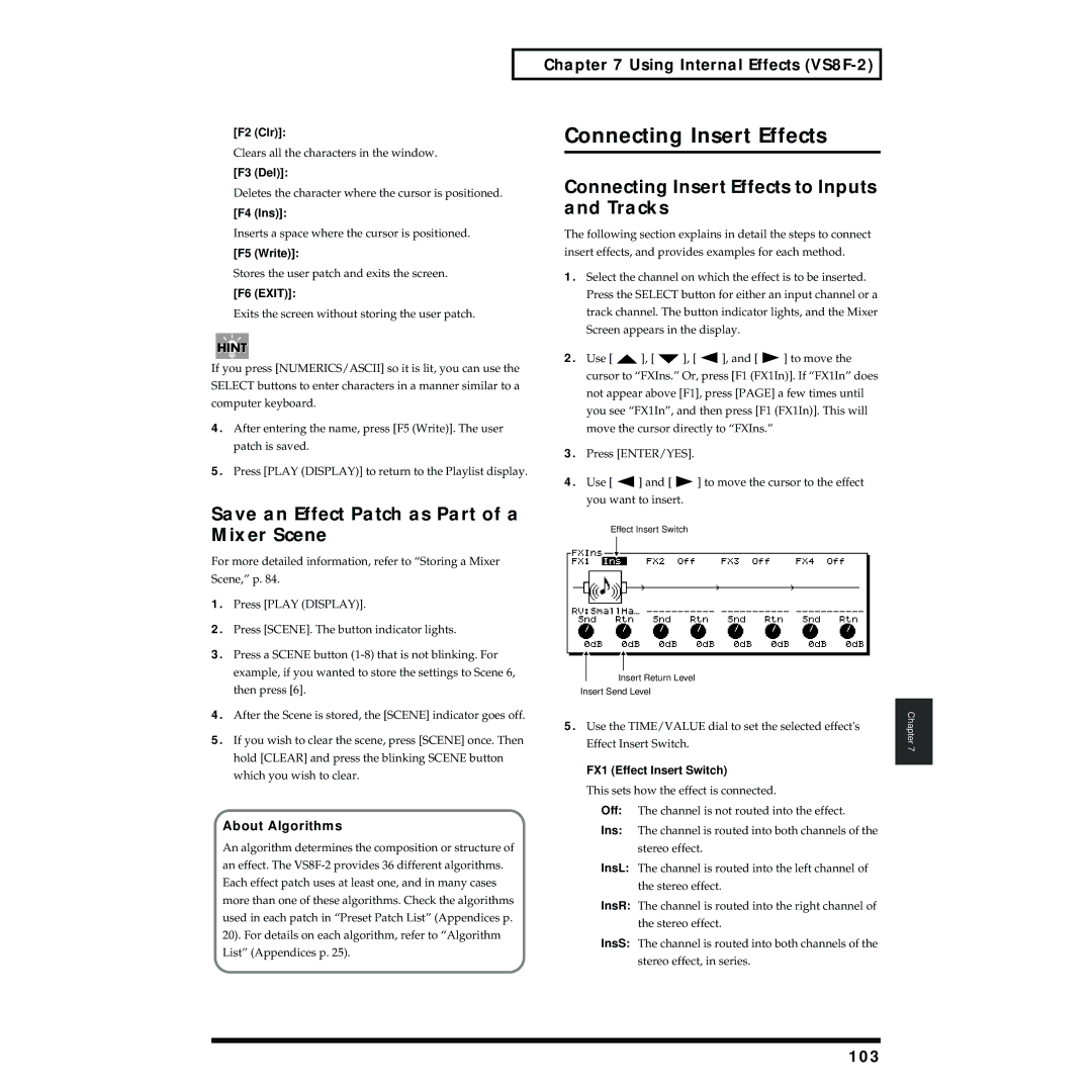 Roland VS-1824 Connecting Insert Effects to Inputs and Tracks, Save an Effect Patch as Part of a Mixer Scene, 103 