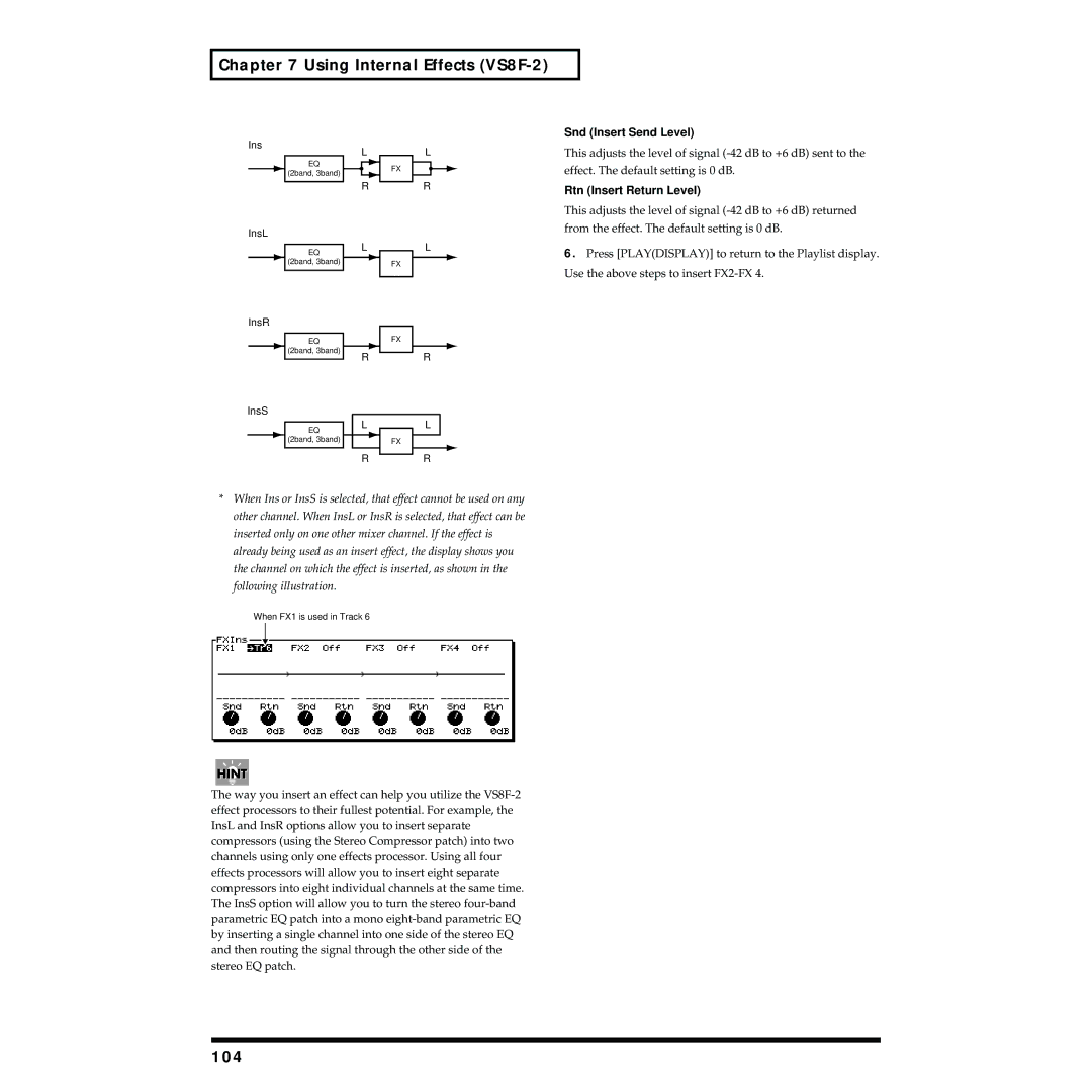 Roland VS-1824 owner manual 104, Snd Insert Send Level 