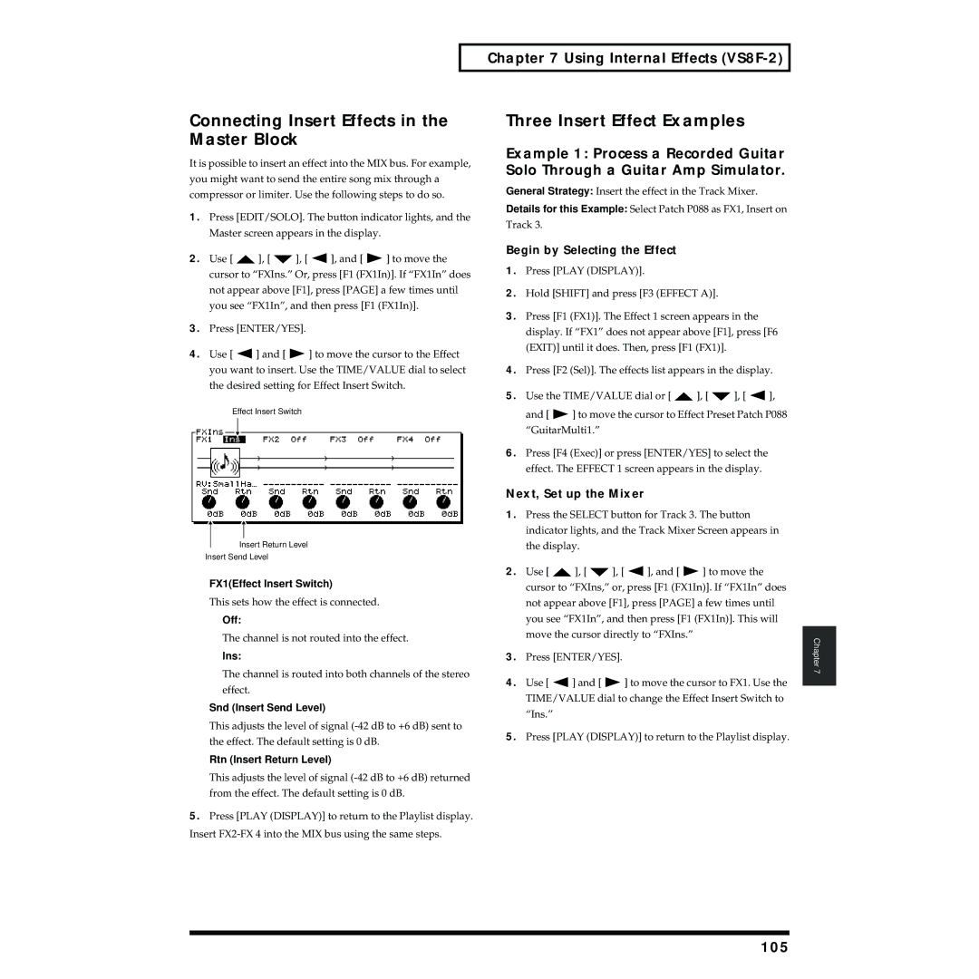 Roland VS-1824 Connecting Insert Effects in the Master Block, Three Insert Effect Examples, 105, Next, Set up the Mixer 