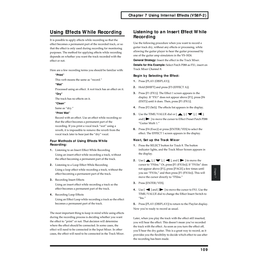 Roland VS-1824 owner manual Using Effects While Recording, Listening to an Insert Effect While Recording, 109 