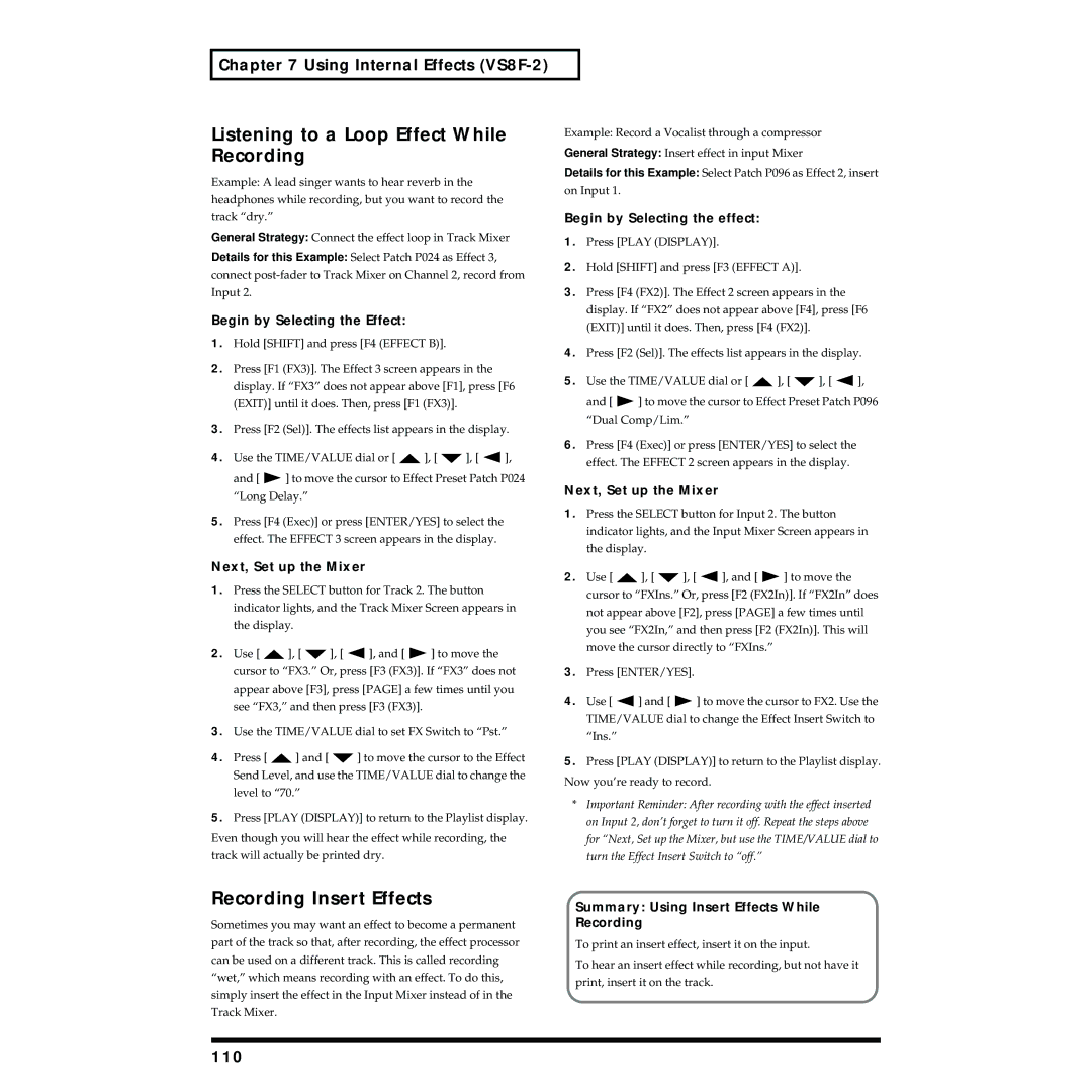 Roland VS-1824 owner manual Listening to a Loop Effect While, Recording Insert Effects, 110 