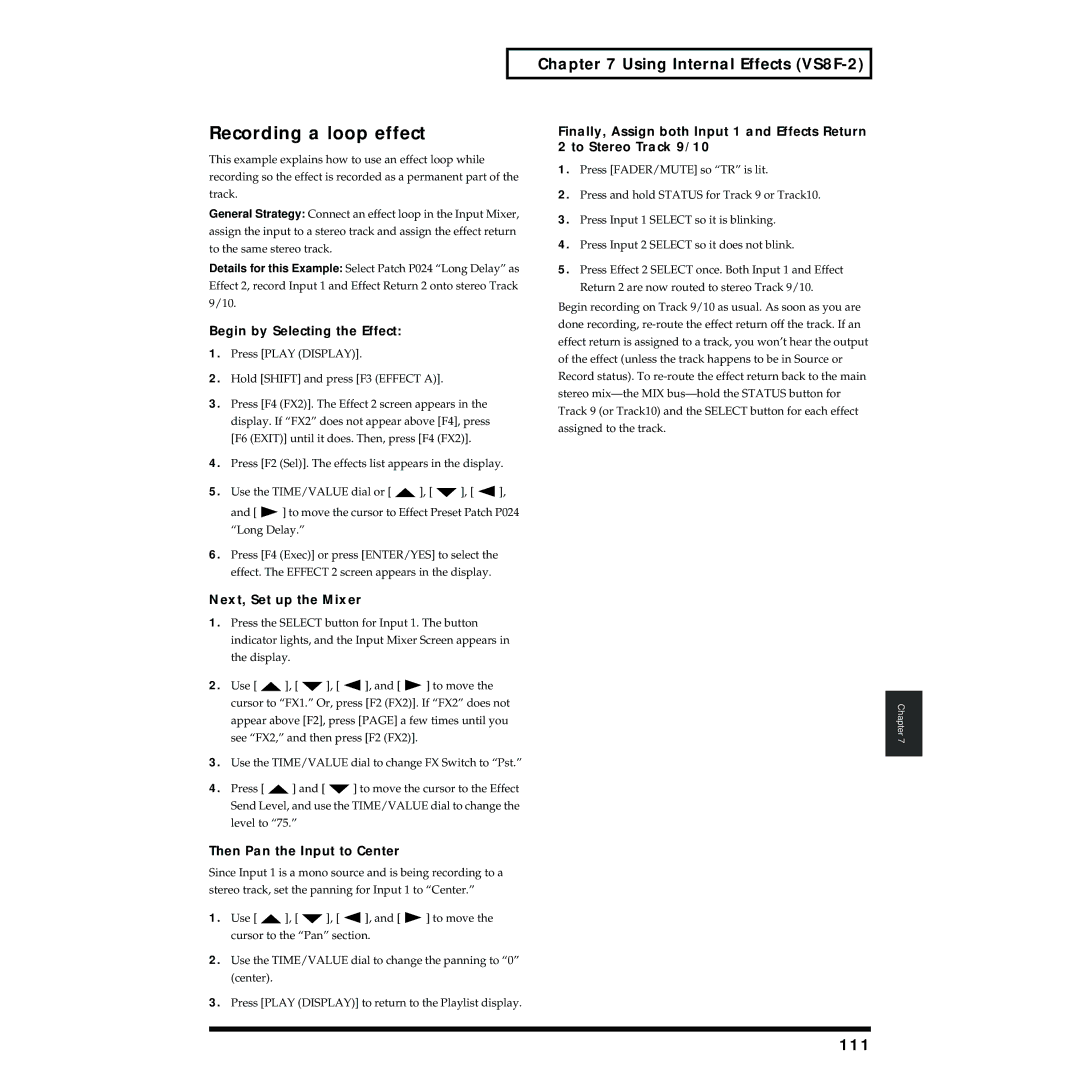 Roland VS-1824 Recording a loop effect, 111, Finally, Assign both Input 1 and Effects Return, To Stereo Track 9/10 