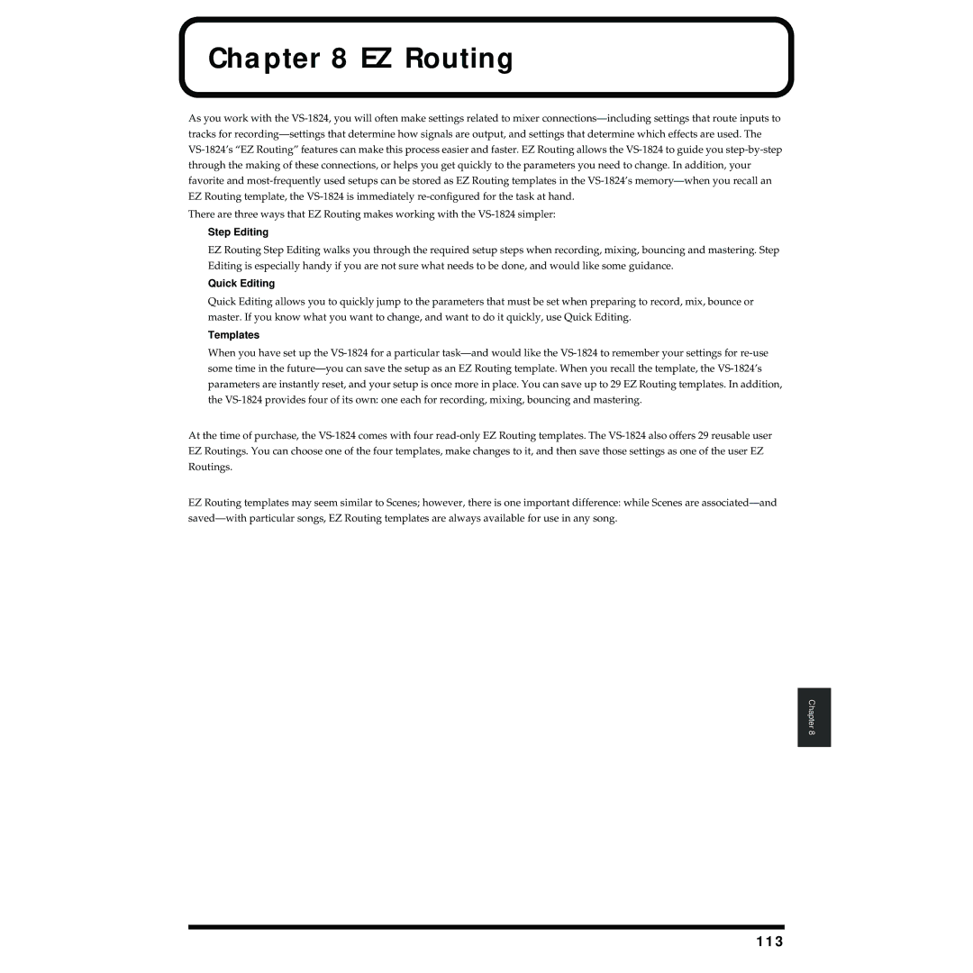 Roland VS-1824 owner manual EZ Routing, 113, Step Editing, Quick Editing, Templates 