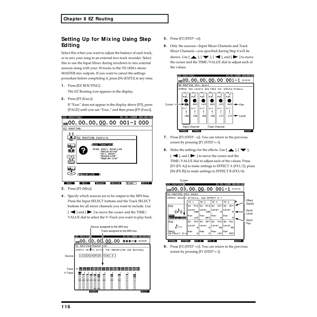 Roland VS-1824 owner manual Setting Up for Mixing Using Step Editing, 116 