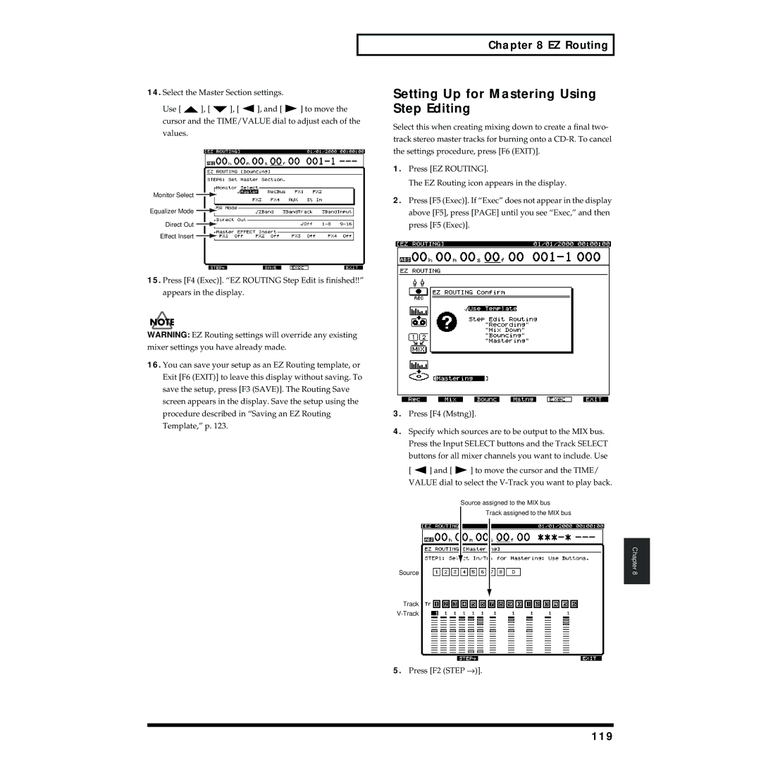 Roland VS-1824 owner manual Setting Up for Mastering Using Step Editing, 119 