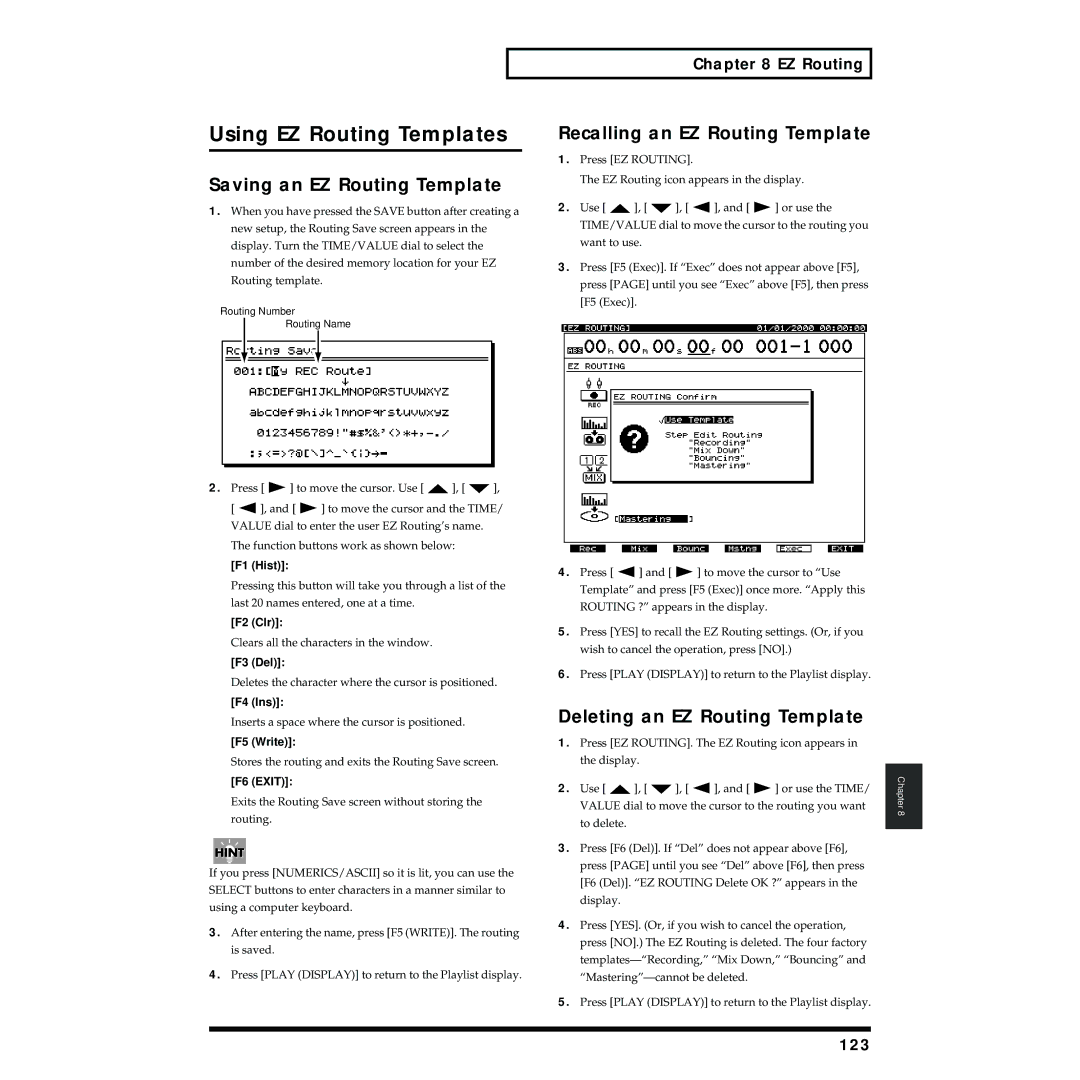 Roland VS-1824 Using EZ Routing Templates, Saving an EZ Routing Template, Recalling an EZ Routing Template, 123 