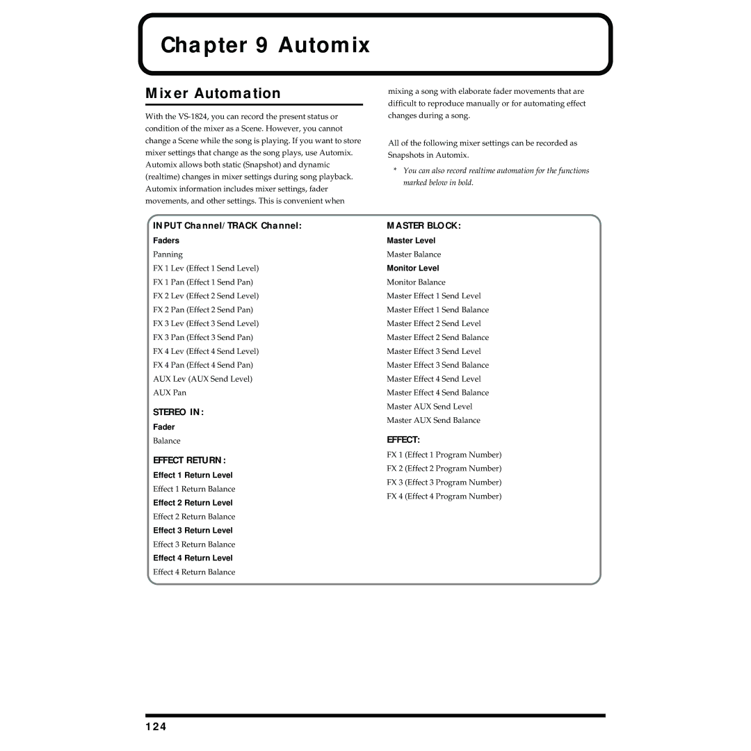 Roland VS-1824 owner manual Automix, Mixer Automation, 124, Input Channel/TRACK Channel 