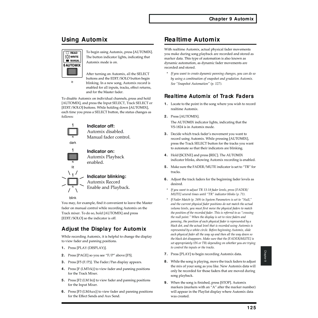 Roland VS-1824 owner manual Using Automix, Adjust the Display for Automix, Realtime Automix of Track Faders 