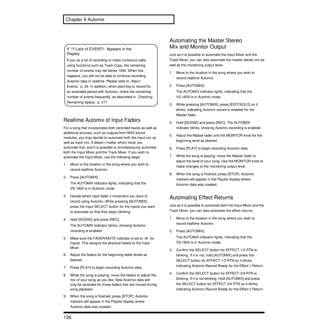 Roland VS-1824 owner manual Realtime Automix of Input Faders, Automating the Master Stereo Mix and Monitor Output, 126 