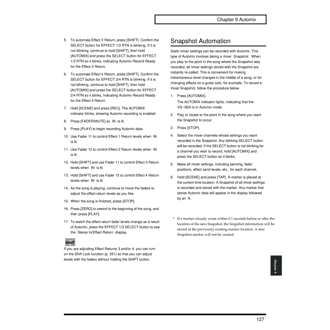 Roland VS-1824 owner manual Snapshot Automation, 127 