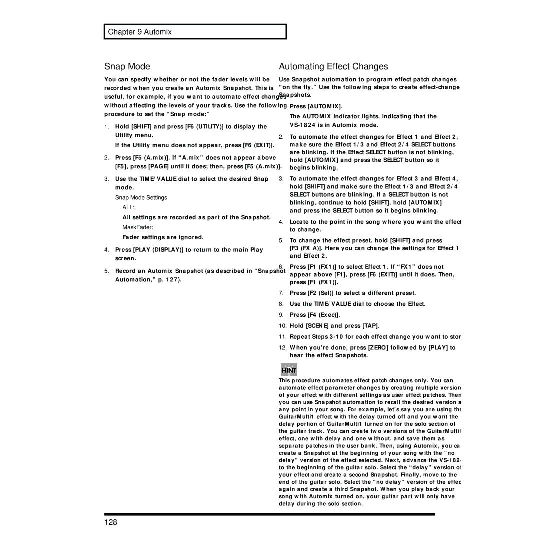 Roland VS-1824 owner manual Automating Effect Changes, 128, Snap Mode Settings ALL, MaskFader 