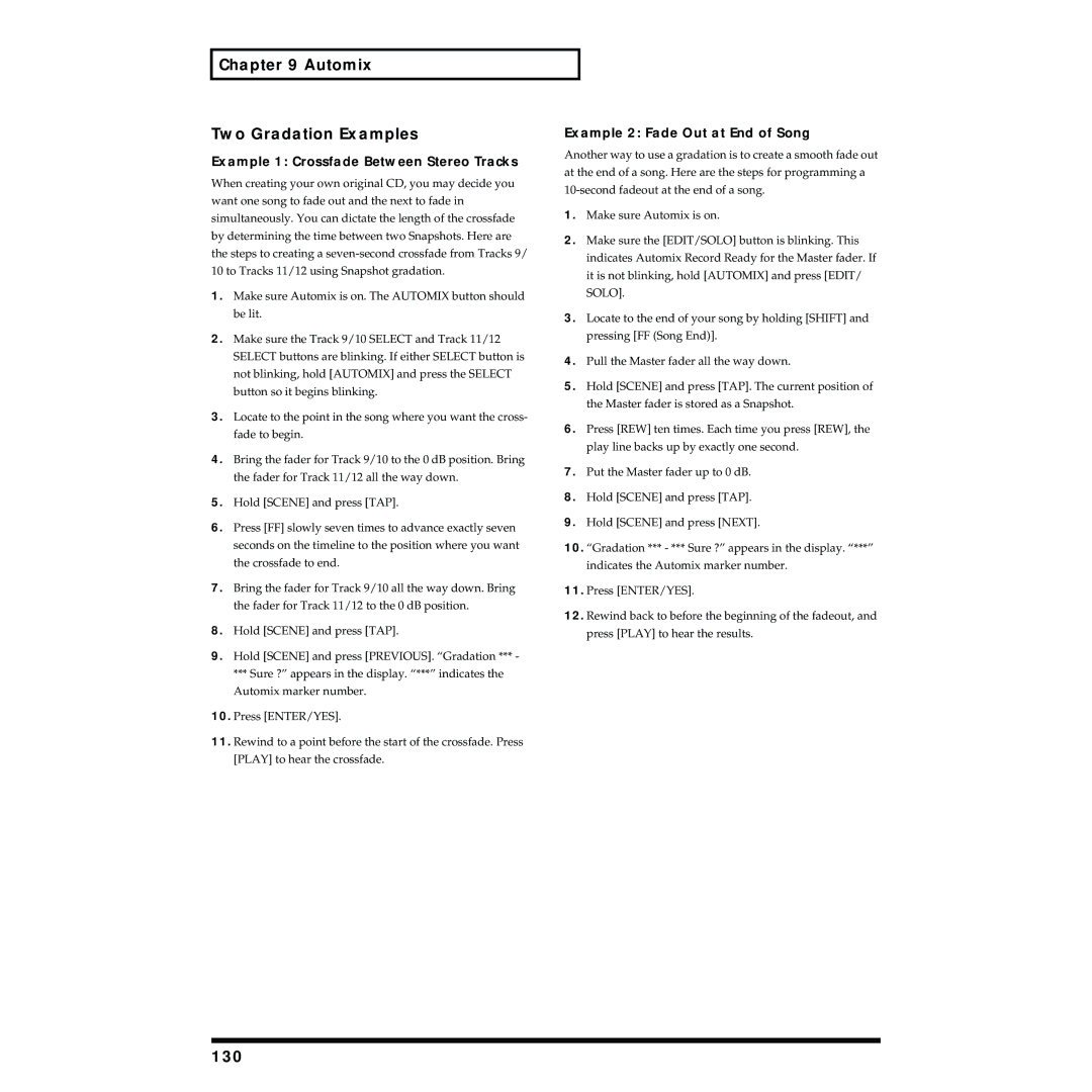 Roland VS-1824 owner manual Automix Two Gradation Examples, 130, Example 1 Crossfade Between Stereo Tracks 