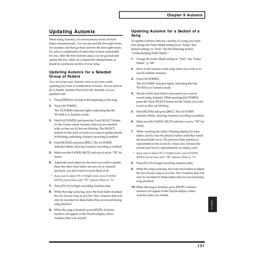 Roland VS-1824 Updating Automix for a Selected Group of Faders, Automix Updating Automix for a Section of a Song, 131 