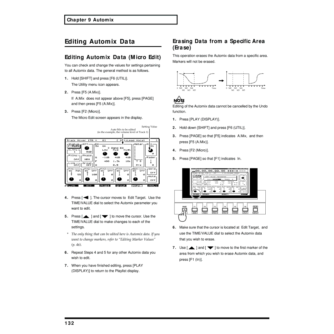 Roland VS-1824 owner manual Editing Automix Data Micro Edit, Erasing Data from a Specific Area Erase, 132 