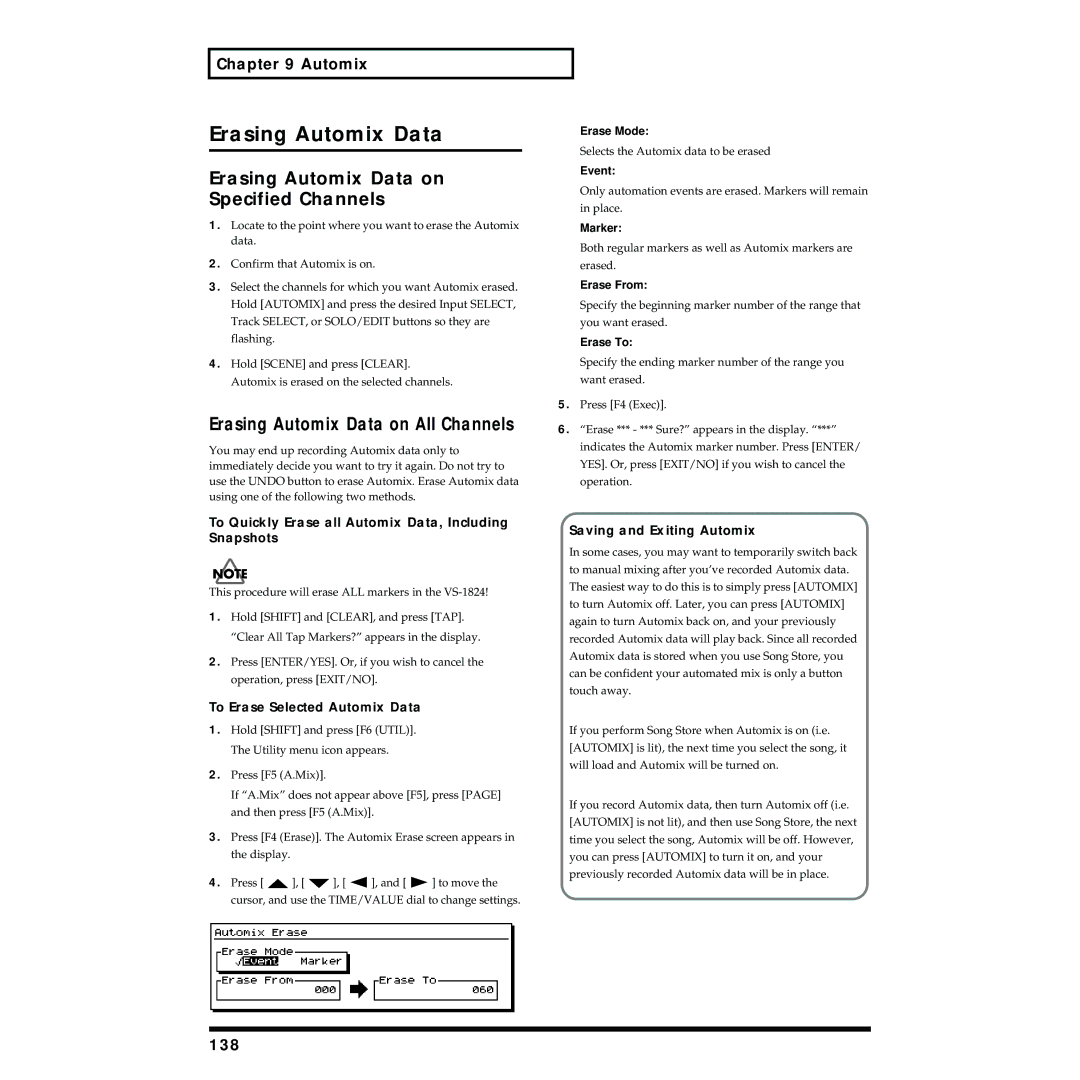 Roland VS-1824 owner manual Erasing Automix Data on Specified Channels, Erasing Automix Data on All Channels, 138 