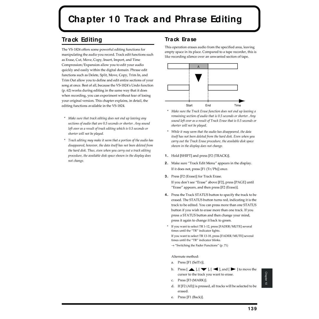 Roland VS-1824 owner manual Track and Phrase Editing, Track Editing, Track Erase, 139 