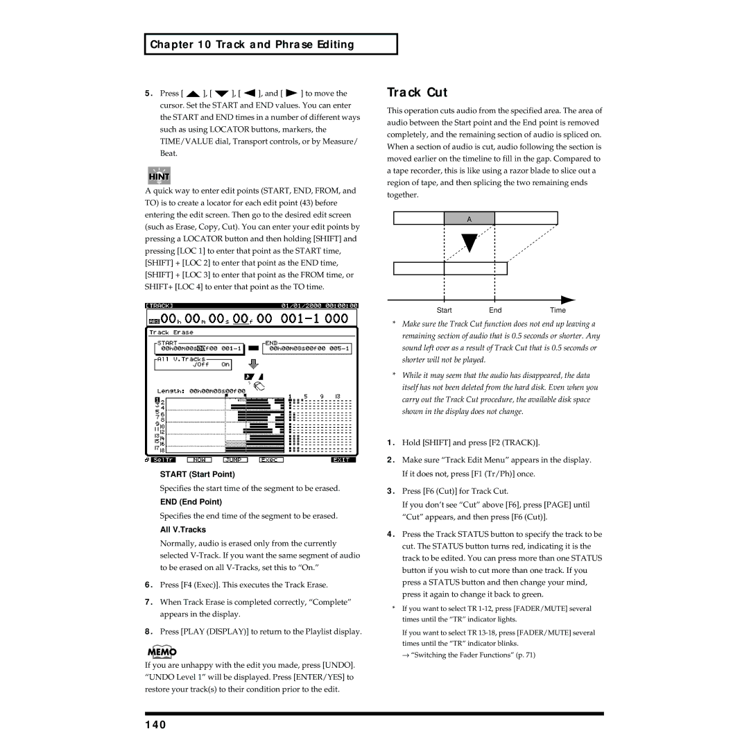 Roland VS-1824 owner manual Track Cut, Track and Phrase Editing, 140 