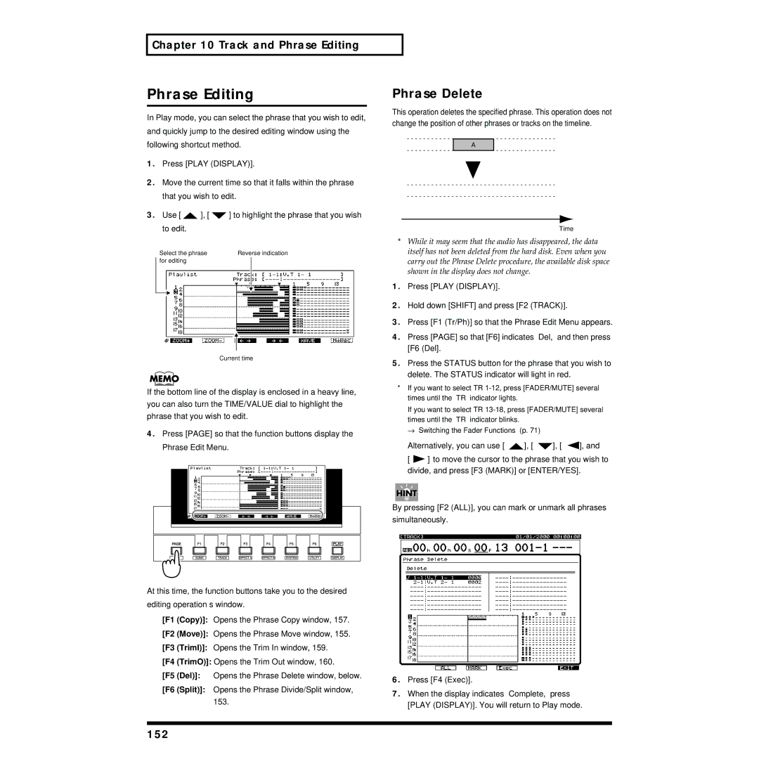 Roland VS-1824 owner manual Phrase Editing, Phrase Delete, 152 