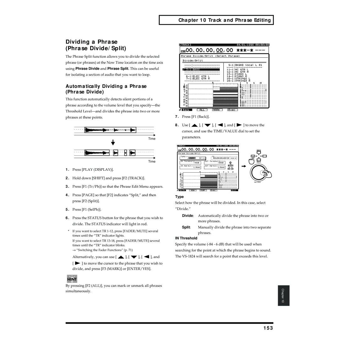 Roland VS-1824 owner manual Dividing a Phrase Phrase Divide/Split, Automatically Dividing a Phrase Phrase Divide, 153 