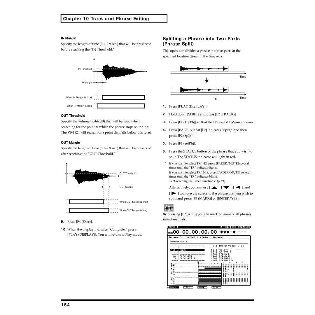 Roland VS-1824 owner manual Splitting a Phrase into Two Parts Phrase Split, 154, OUT Threshold, OUT Margin 