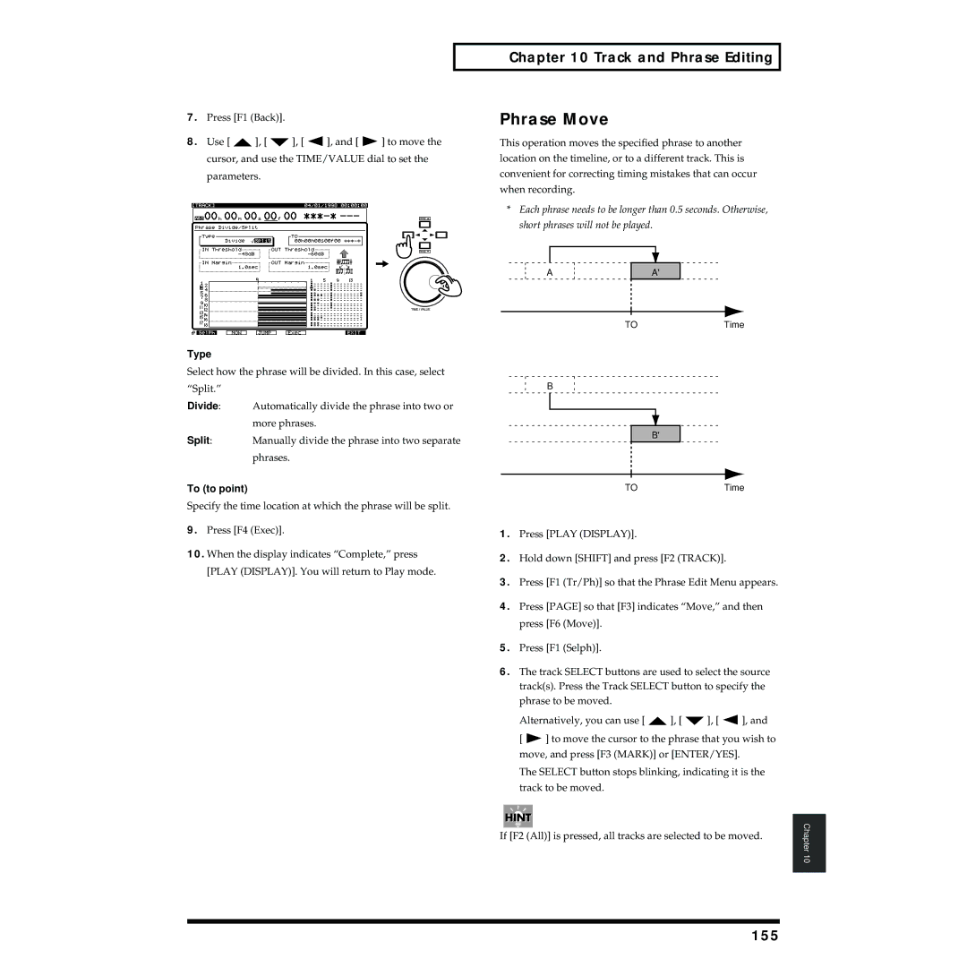 Roland VS-1824 owner manual Phrase Move, 155, Divide Split To to point 