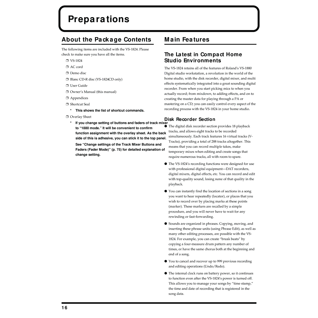 Roland VS-1824 owner manual Preparations, About the Package Contents, Main Features 