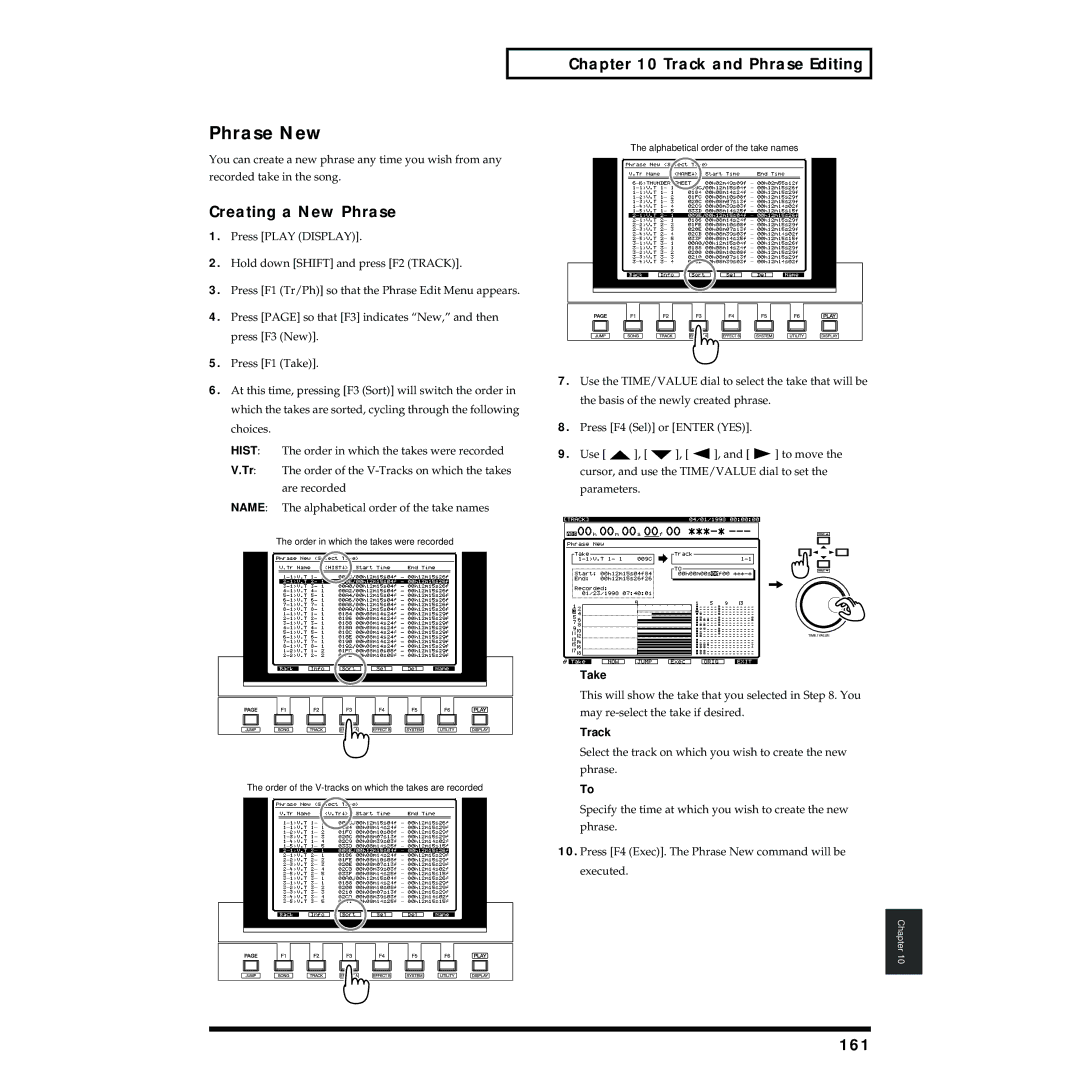 Roland VS-1824 owner manual Phrase New, Creating a New Phrase, 161, Take 
