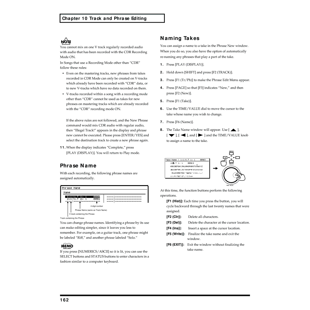 Roland VS-1824 owner manual Naming Takes, Phrase Name, 162 