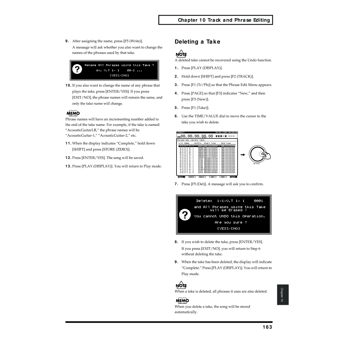 Roland VS-1824 owner manual Deleting a Take, 163 