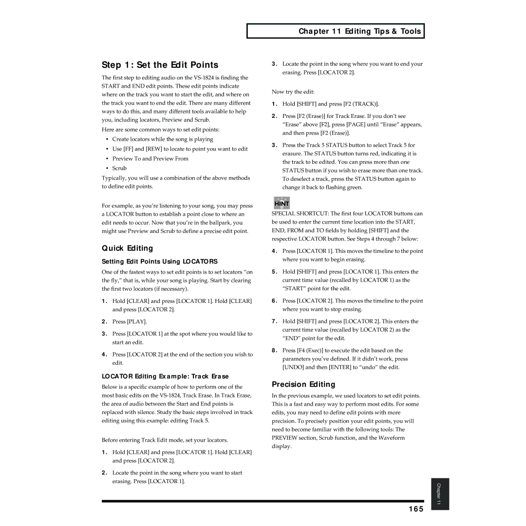 Roland VS-1824 owner manual Set the Edit Points, Quick Editing, Editing Tips & Tools, Precision Editing, 165 