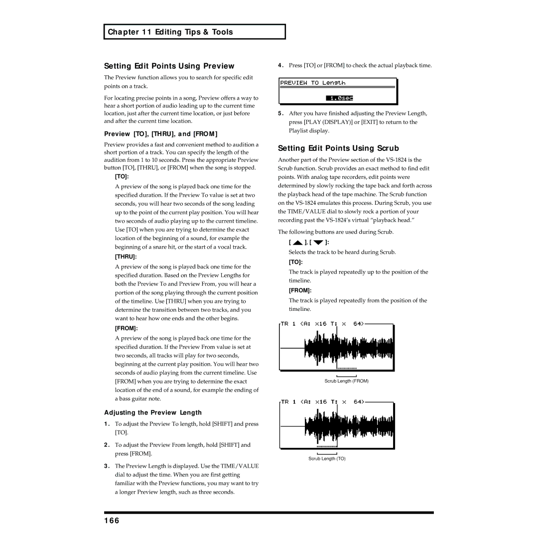 Roland VS-1824 owner manual Editing Tips & Tools Setting Edit Points Using Preview, Setting Edit Points Using Scrub, 166 