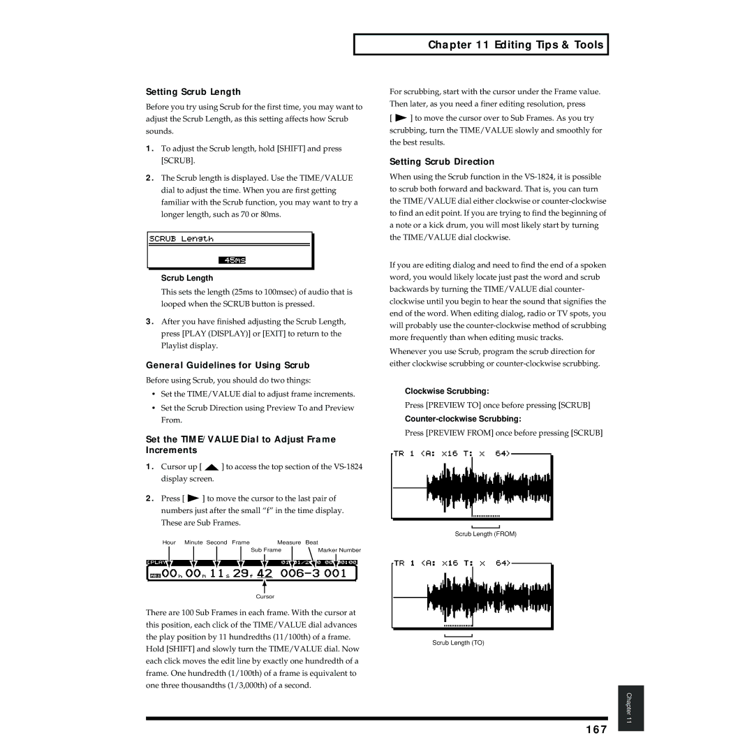 Roland VS-1824 owner manual 167, Setting Scrub Length, General Guidelines for Using Scrub, Setting Scrub Direction 