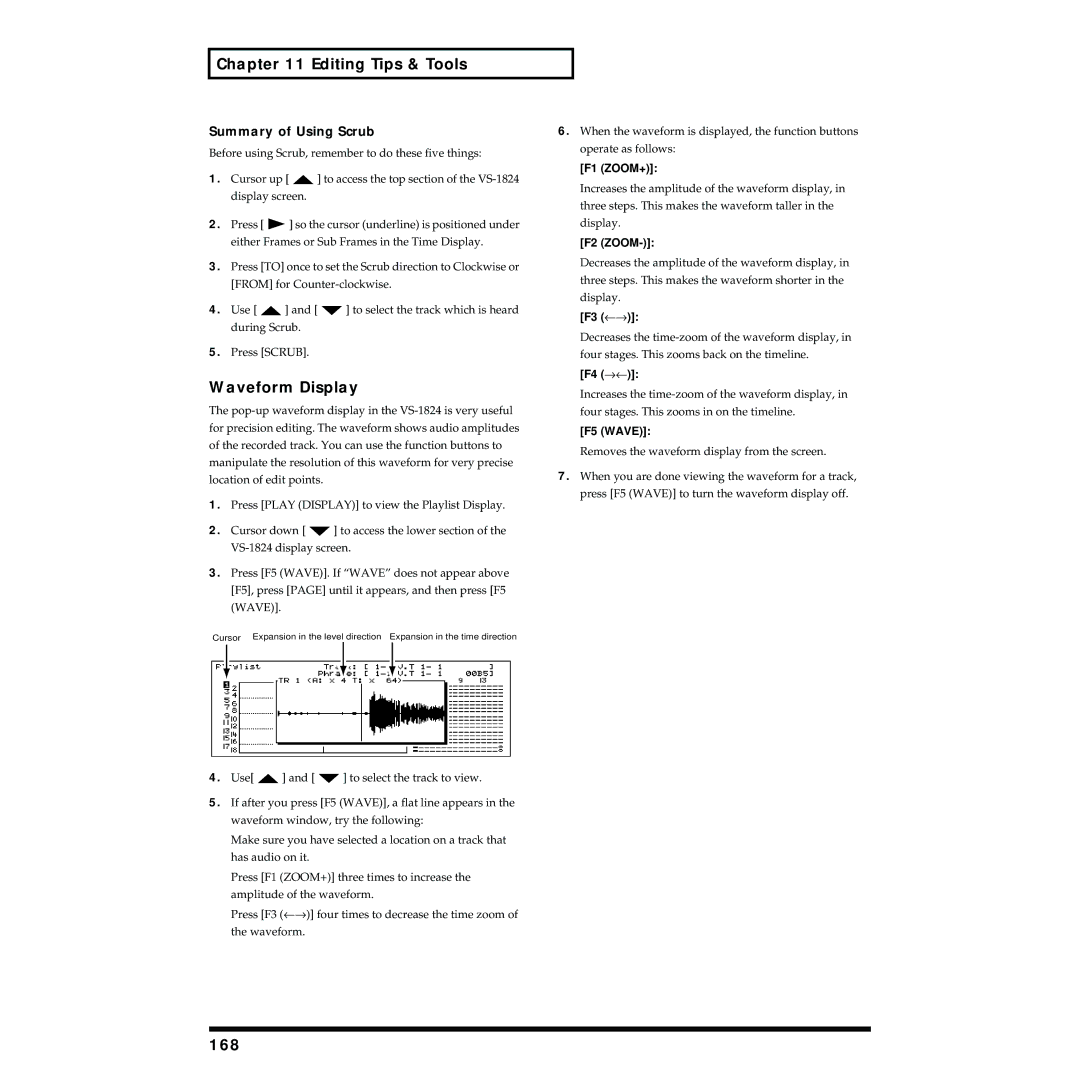 Roland VS-1824 owner manual Waveform Display, 168, Summary of Using Scrub 