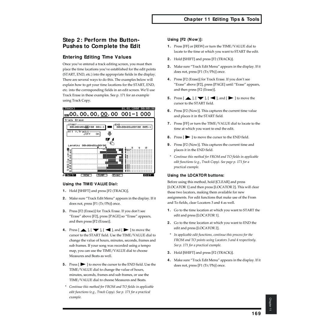 Roland VS-1824 owner manual Perform the Button- Pushes to Complete the Edit, Entering Editing Time Values, 169 