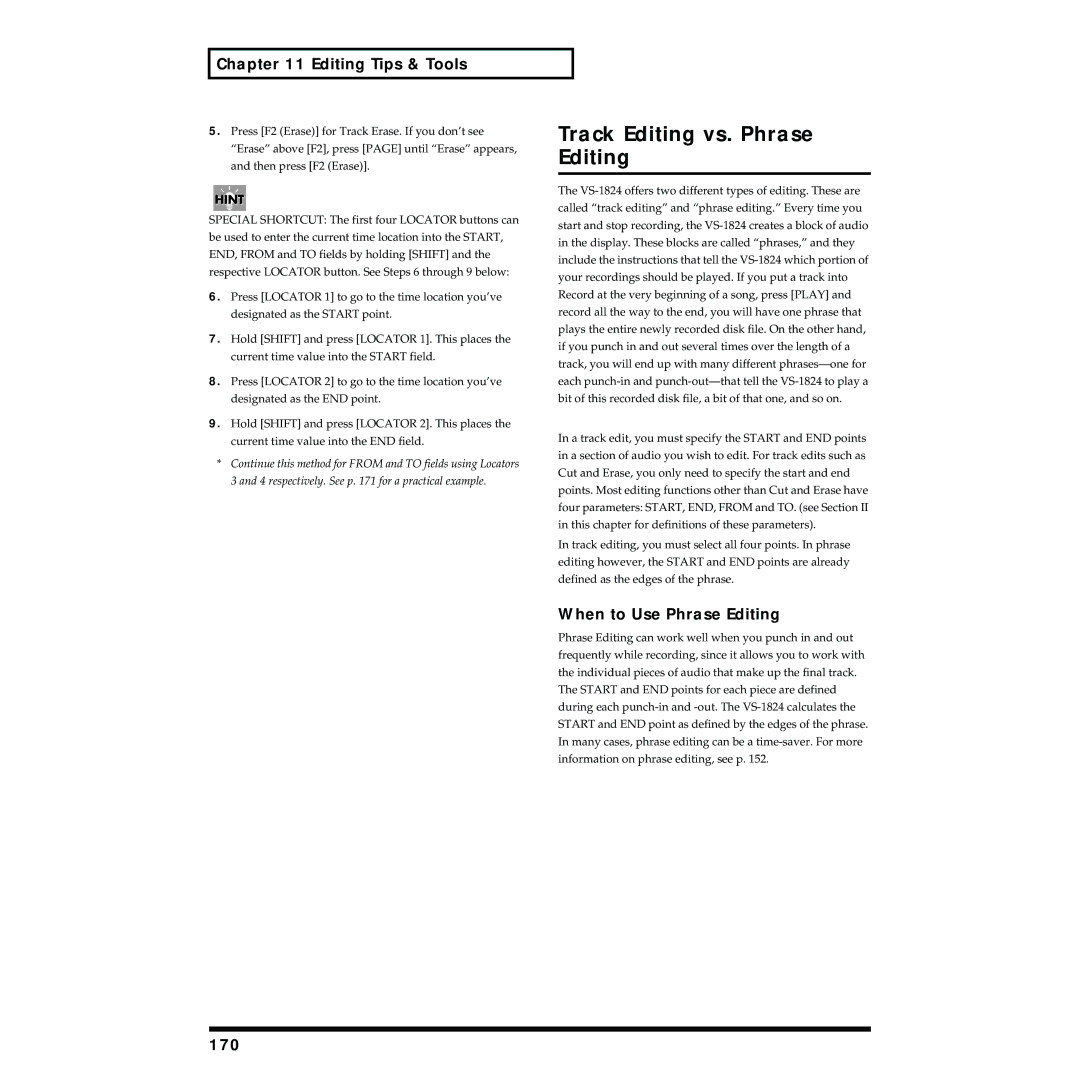 Roland VS-1824 owner manual Track Editing vs. Phrase Editing, When to Use Phrase Editing, 170 