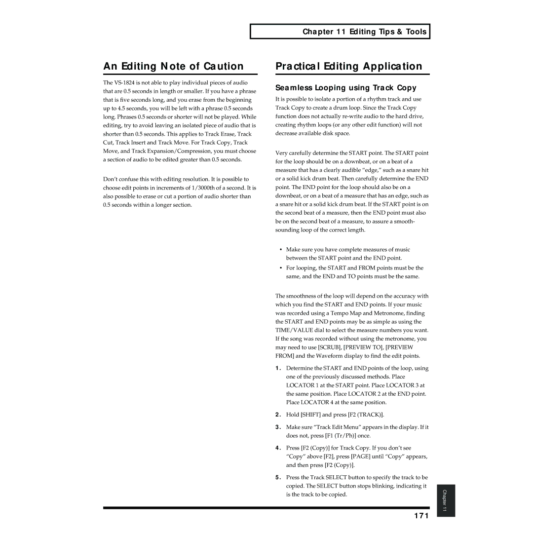 Roland VS-1824 An Editing Note of Caution, Practical Editing Application, Seamless Looping using Track Copy, 171 