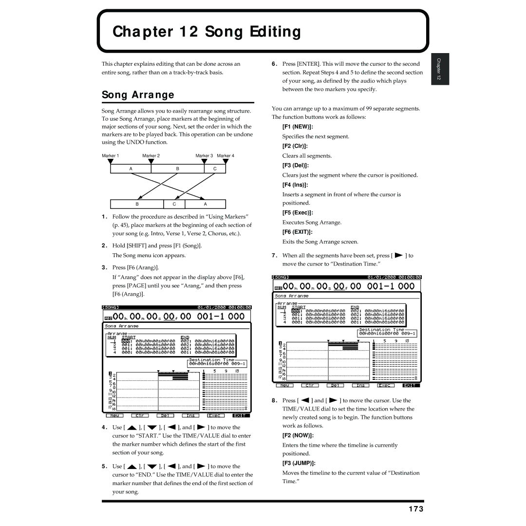 Roland VS-1824 owner manual Song Editing, Song Arrange, 173, F1 NEW, F5 Exec 