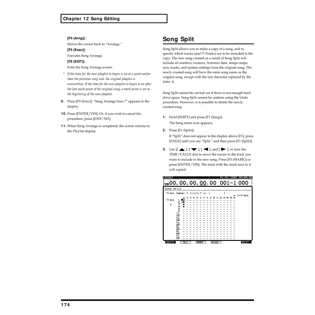 Roland VS-1824 owner manual Song Split, Song Editing, 174, F4 Arng 