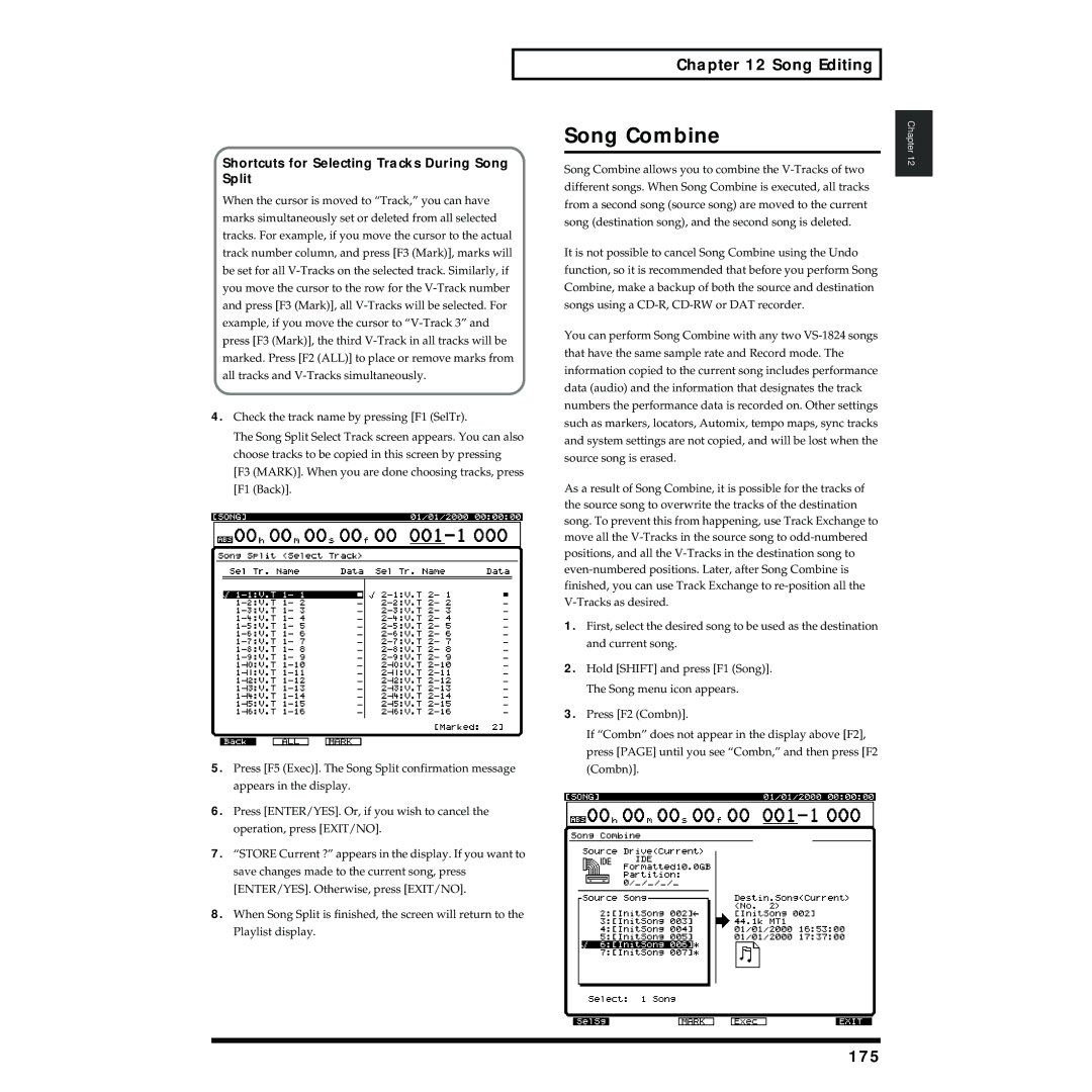 Roland VS-1824 owner manual Song Combine, 175, Shortcuts for Selecting Tracks During Song Split 